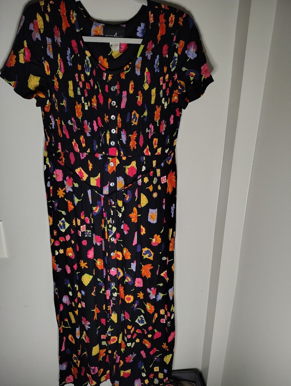 Vintage 80's-90s Smocked Rayon Maxi Dress Black Neon Floral Novelty Dress